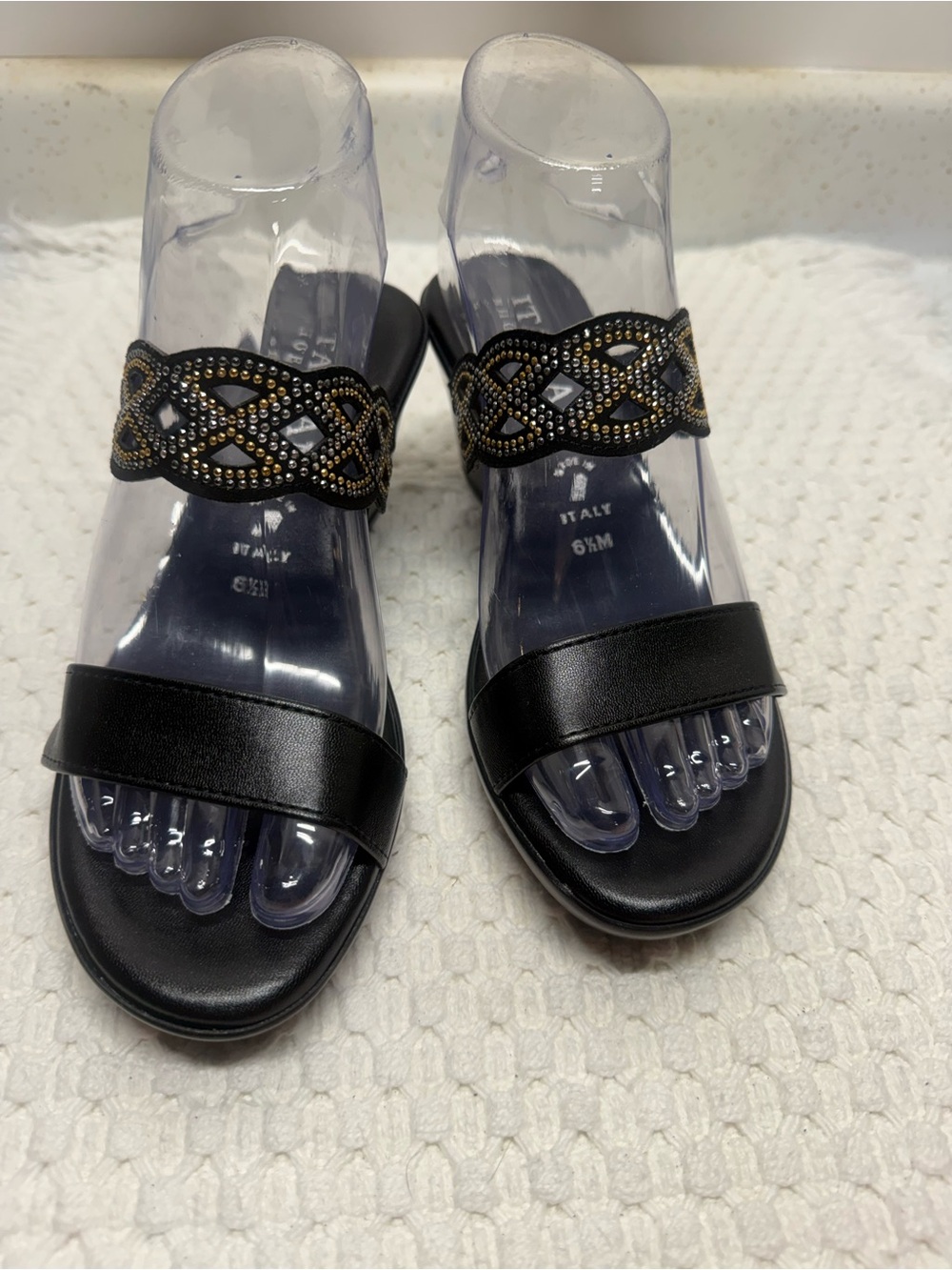 Italian Shoemakers Black Slide Sandals with Gold Beaded Strap